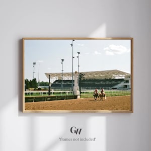 May include: A framed photograph of a horse racing scene. Two riders on horseback are racing on a dirt track. A large stadium with seating and a covered roof is in the background. The sky is blue.