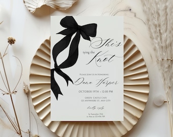 She's Tying the Knot Bridal Shower Invitation Template, Black Bow Ribbon Bridal Shower Invite, Printable Party Invite