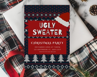 May include: A Christmas party invitation with a festive design. The invitation features the text "UGLY SWEATER CHRISTMAS PARTY" in white on a red background, with a Santa hat graphic. The background has a navy blue sweater pattern with white and red accents.