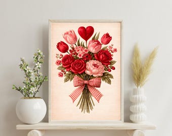 Vintage Valentine Floral Bouquet Print – Romantic Roses Illustration (Digital Download 2:3 Ratio)