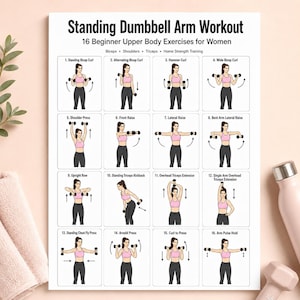 Può includere: Un poster bianco intitolato "Standing Dumbbell Arm Workout" con 16 esercizi per la parte superiore del corpo per principianti per donne. Ogni esercizio è illustrato con una donna che esegue l'esercizio con i manubri. Gli esercizi includono bicipiti, spinte per le spalle ed estensioni dei tricipiti.