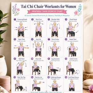 Op de afbeelding: Een printbare oefenkaart getiteld Tai Chi Chair Workouts for Women, met 16 genummerde illustraties van een persoon in een roze shirt die zittende bewegingen uitvoert zoals nekdraaiingen, schouderrollen en beenstrekkingen voor balans.