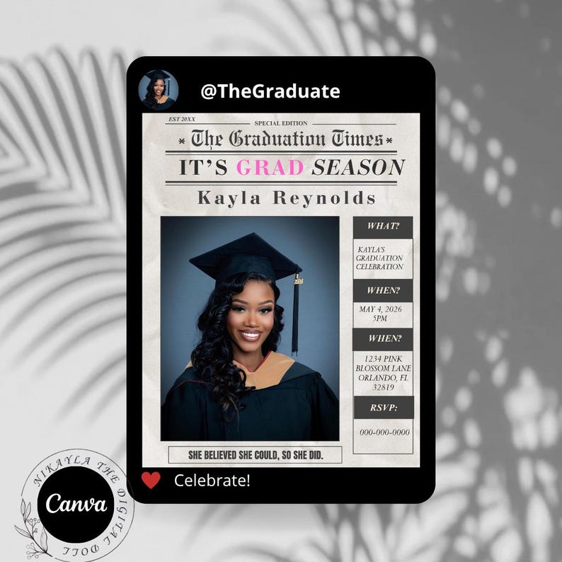 May include: A graduation announcement with a photo of Kayla Reynolds in a cap and gown. The text reads "The Graduation Times" and "It's Grad Season." Details include the date, time, and location of the celebration.