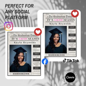 May include: Two digital graduation announcements with a vintage newspaper design. Each features a photo of a smiling woman in a graduation cap and gown. Text includes "IT'S GRAD SEASON" and the graduate's name.