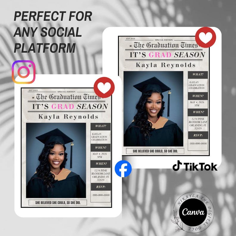 May include: Two digital graduation announcements with a vintage newspaper design. Each features a photo of a smiling woman in a graduation cap and gown. Text includes "IT'S GRAD SEASON" and the graduate's name.