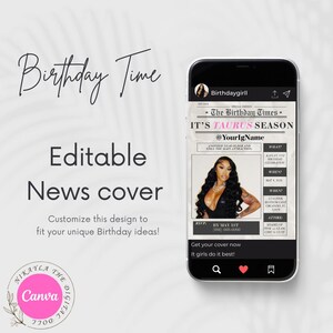 May include: An editable news cover design on a smartphone, featuring the text "Birthday Time" and "Editable News cover". The design includes a photo and text, with the Canva logo at the bottom. Customize this design to fit your unique Birthday ideas!