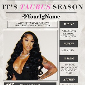 May include: A newspaper-style invitation with the headline "The Birthday Times" and "It's Taurus Season." The invitation includes details for Kayla's 21st birthday celebration on May 4, 2026, in Orlando, FL. The attire is "Shades of Pink - Glam, Chic & Cute."