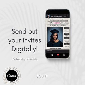 May include: A smartphone displays a graduation announcement with the text "IT'S GRAD SEASON" and a photo of Kayla Reynolds. The announcement includes event details and the Canva logo. The screen size is 8.5 x 11 inches.