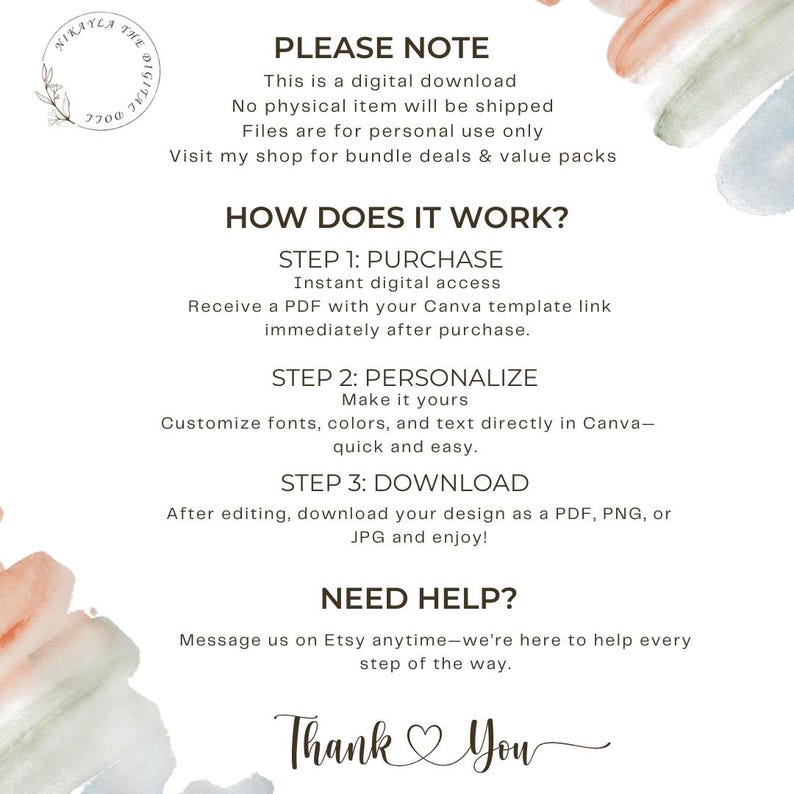 May include: A digital download information sheet with text in black font on a white background. The text includes "Please Note", "How Does It Work?", and "Need Help?" Watercolor paint strokes in pastel colors are in the background.