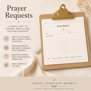 May include: A clipboard with a "Prayer Request" form, a lit candle, and a gold pen. The form has lines for name, date, and prayer requests. Text on the image includes "Simple Template Market" and "A simple way to gather, pray & care for one another."