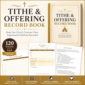Puede incluir: Un libro de registro de diezmos y ofrendas con una cruz dorada y un icono de iglesia. El libro tiene 120 páginas e incluye el texto "Keep Your Church Finances Clear, Organized & Faithfully Recorded". El libro está diseñado para rastrear los regalos durante todo el año.
