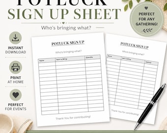 Op de afbeelding: Twee witte Potluck Sign Up-vellen met de tekst "POTLUCK SIGN UP SHEET" en "Who's bringing what?" worden weergegeven. De vellen hebben secties voor naam, mee te nemen item en hoeveelheid. De afbeelding bevat ook de tekst "US LETTER SIZE 21.59cm x 27.94cm" en "2 PDF FILES INCLUDED".