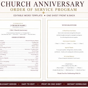 May include: An editable church anniversary order of service program template featuring a front and back layout. The design includes gold-toned borders, dark red text headers, and placeholders for event details, church name, and service order.