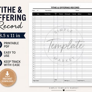Puede incluir: Un registro de diezmos y ofrendas en PDF imprimible. El diseño incluye una cuadrícula para registrar donaciones, con secciones para la fecha, el nombre del donante y el importe de la ofrenda. El documento se titula "Tithe & Offering Record".