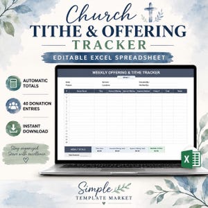 May include: A digital Church Tithe & Offering Tracker displayed on a laptop screen. The spreadsheet includes columns for donor name, tithe, offerings, and payment methods. Features include automatic totals, 40 donation entries, and an Excel icon.
