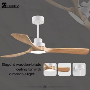 May include: A white ceiling fan with three wooden blades and a dimmable light. The fan has a modern design with a white motor housing and a wooden finish on the blades. The text "Winestro" is in the upper left corner. The text "Elegant wooden-blade ceiling fan with dimmable light" is below the fan.