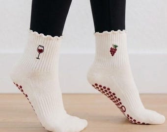 Cabernet Wine and Grape Embroidery Ruffled Pilates Grip Socks