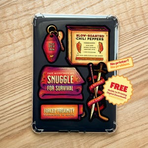 May include: A black tablet case with several colorful stickers. Stickers include a motel key tag, a book of chili peppers, a banner that says "Snuggle for Survival", and a hockey stick and sword. There are also two stickers that say "No printer? No problem" and "FREE".