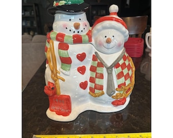 Vintage 1999 Snowman Couple Ceramic Cookie Jar Let It Snow Christmas Holiday