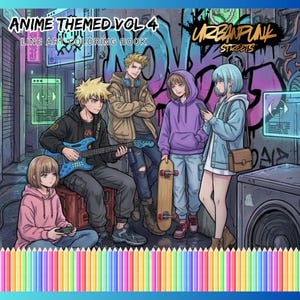 Pode incluir: Capa de livro de colorir com tema anime, apresentando personagens de anime em um cenário urbano. A capa inclui o texto "Anime Themed Vol. 4 Line Art Coloring Book" e "Urbanpunk Streets."