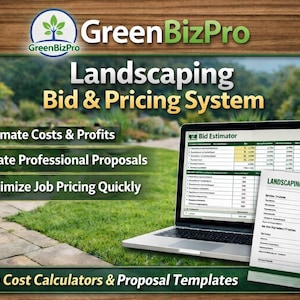 Könnte beinhalten: Ein Laptop mit einem Angebotssystem und einer Preisgestaltung für Landschaftsbau, mit einer Stapel von Angebotvorlagen. Das Bild enthält den Text "Kosten und Gewinne schätzen", "Professionelle Angebote erstellen" und "Auftragspreise schnell optimieren". Das GreenBizPro-Logo ist sichtbar.