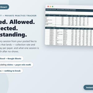 May include: A digital spreadsheet template titled LedgerSmart Therapist + Private Practice Tracker. The layout features dark blue text on a light background, detailing billed, allowed, collected, and outstanding amounts with data tables.
