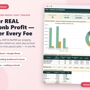 Könnte beinhalten: Eine digitale Tabellenkalkulationsvorlage mit dem Titel LedgerSmart Short-Term Rental Host Tracker. Sie enthält ein Finanz-Dashboard mit Balkendiagrammen, einem Ringdiagramm und Datentabellen zur Immobilienleistung und Umsatzkennzahlen.