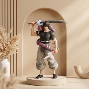 May include: A detailed figurine of a character from an anime series. The figure is wearing a black shirt, gray pants, and black shoes. It is holding a large sword and has a purple, worm-like creature wrapped around its body. The figure stands on a round, beige base.
