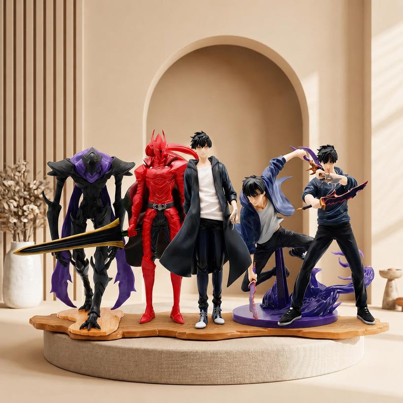 May include: A collection of five anime-style character figures standing on a tan base. The group includes a purple and black armored creature with a long sword, a red armored figure, a central figure in a black coat, and two dynamic figures in blue.