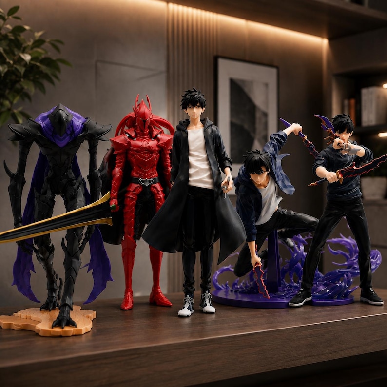 May include: A collection of five anime-style action figures. The set includes a tall black and purple armored creature with a large sword, a red armored knight, a figure in a black coat, and two figures in dark clothing with purple energy effects.