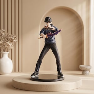 May include: A collectible anime-style figurine of a character with dark hair, wearing a dark blue hoodie and black pants. The figure stands in a combat pose, holding a curved purple and black blade in one hand and a smaller dark dagger in the other.