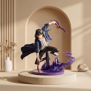May include: A dynamic anime-style figurine of a character with black hair, wearing a white shirt, dark blue jacket, and black pants. The figure is captured in a mid-air pose, wielding two curved purple daggers, with translucent purple energy effects.