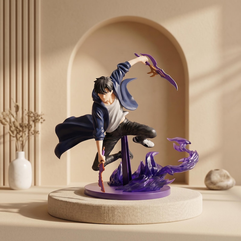 May include: A dynamic anime-style figurine of a character with black hair, wearing a white shirt, dark blue jacket, and black pants. The figure is captured in a mid-air pose, wielding two curved purple daggers, with translucent purple energy effects.