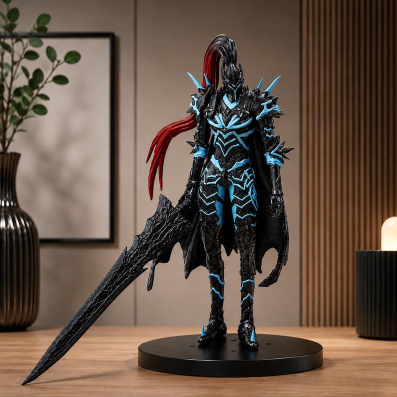 May include: A detailed figurine of a warrior in black armor with blue accents and a long black sword. The warrior has a red ponytail and is standing on a black circular base. The figure is highly detailed.