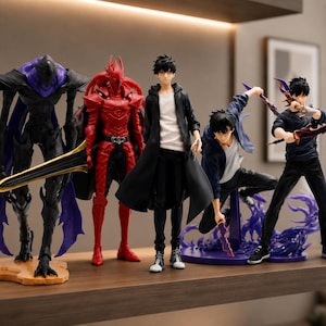 May include: Five anime-style character figures standing on a wooden shelf. The collection includes a tall black and purple armored knight, a red armored knight, a central figure in a black coat, and two dynamic figures with purple energy effects.