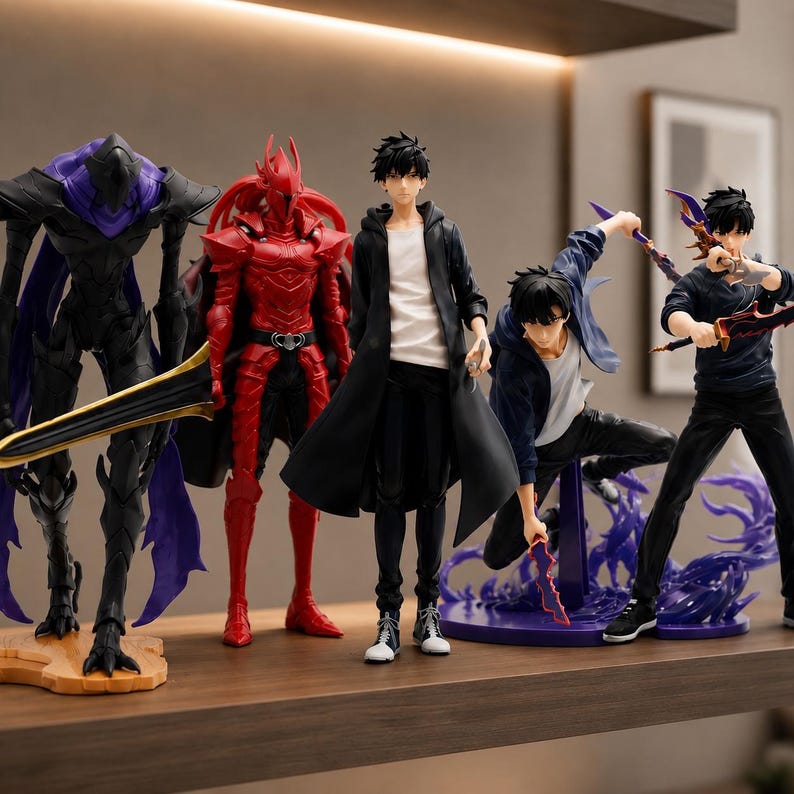 May include: Five anime-style character figures standing on a wooden shelf. The collection includes a tall black and purple armored knight, a red armored knight, a central figure in a black coat, and two dynamic figures with purple energy effects.