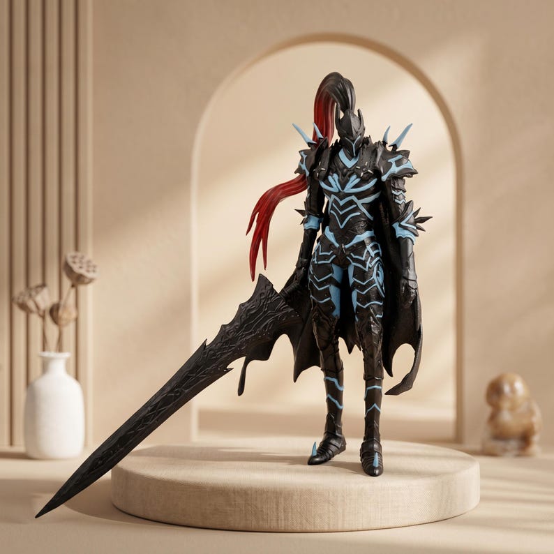May include: A black action figure of a knight in armor, with blue accents and a long, black sword. The figure has a helmet with a red plume. The knight is standing on a round, light brown platform.