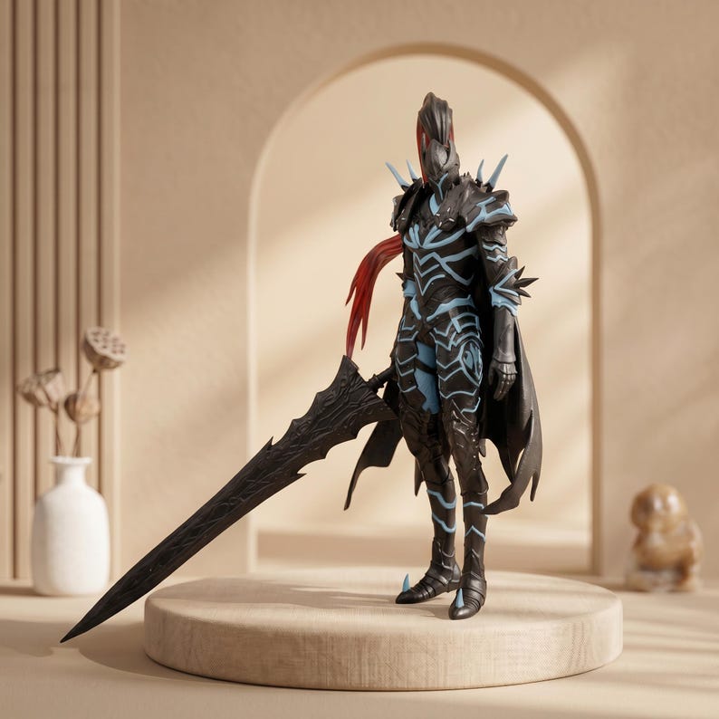 May include: A detailed figurine of a warrior in black armor with blue accents and a long, black sword. The figure has a helmet with red accents and is posed on a round, wooden platform. The overall aesthetic suggests a fantasy or gaming theme.