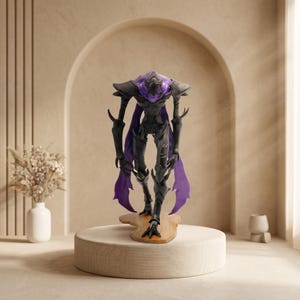 May include: A tall, slender humanoid figurine with a matte black exoskeleton and a translucent purple chest piece. The figure features sharp, angular shoulder plates, elongated limbs with clawed hands and feet, and flowing purple cape-like elements.
