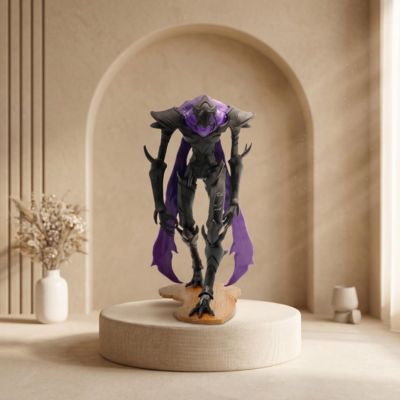 May include: A tall, slender humanoid figurine with a matte black exoskeleton and a translucent purple chest piece. The figure features sharp, angular shoulder plates, elongated limbs with clawed hands and feet, and flowing purple cape-like elements.