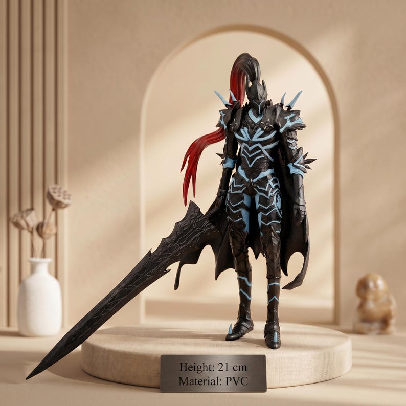 May include: A black and blue warrior figurine with a large sword. The figurine is 21 cm tall and made of PVC. The warrior is wearing armor with blue accents and a red ponytail. The figurine is standing on a round, light-colored platform.