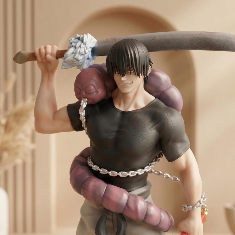May include: A detailed figurine of a smiling character with black hair, wearing a black shirt and light-colored pants. A large purple worm-like creature is wrapped around the character. The character is holding a large sword over their shoulder.