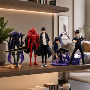May include: A collection of five anime-style character figurines displayed on a shelf. The set includes a dark armored figure with a purple cape, a red armored knight, a central figure in a black coat, and two dynamic figures with purple energy effects.