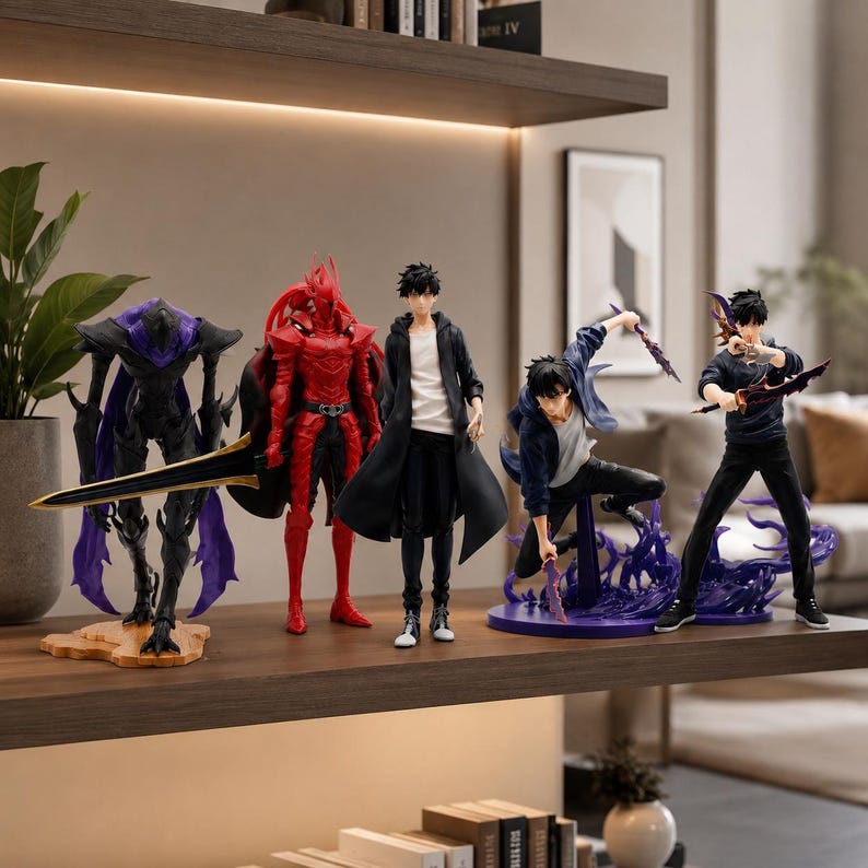 May include: A collection of five anime-style character figurines displayed on a shelf. The set includes a dark armored figure with a purple cape, a red armored knight, a central figure in a black coat, and two dynamic figures with purple energy effects.