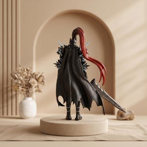 May include: A black figurine of a warrior with a long, flowing red ponytail and a black cape. The warrior is holding a large, ornate sword. The figurine is standing on a round, beige platform.