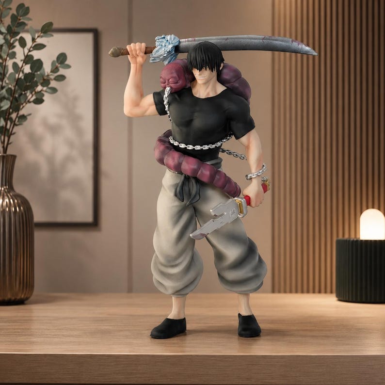 May include: A detailed figurine of a character from an anime series. The figure is wearing a black shirt, gray pants, and black shoes. It holds a large sword and a smaller blade. A purple, snake-like creature wraps around the figure.