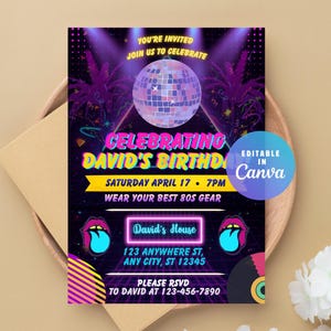 Retro invitation to an 80s or 90s neon disco party, techno invitation, pop invitation, customizable and editable in Canva.