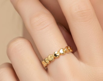 Heart Eternity Ring in 14k Solid Gold, Dainty Gold Heart Band Ring, Minimalist Stacking Ring, Promise & Anniversary Gift for Her