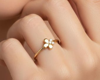 14K Solid Gold Flower Ring with CZ, Minimalist Dainty Gold Ring, Stacking Pinky Ring for Women, Real Gold for Everyday Promise Gift