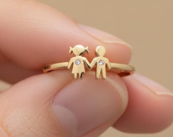 18k Real Gold Meaning Ring, Mother Father Child Figure Ring, Minimalist Symbolic Gold Ring, Everyday Family Jewelry Gift